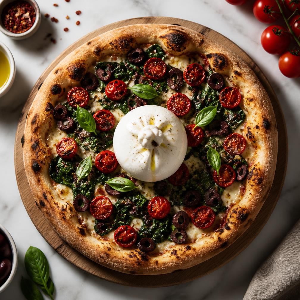 Burrata and roasted spinach pizza