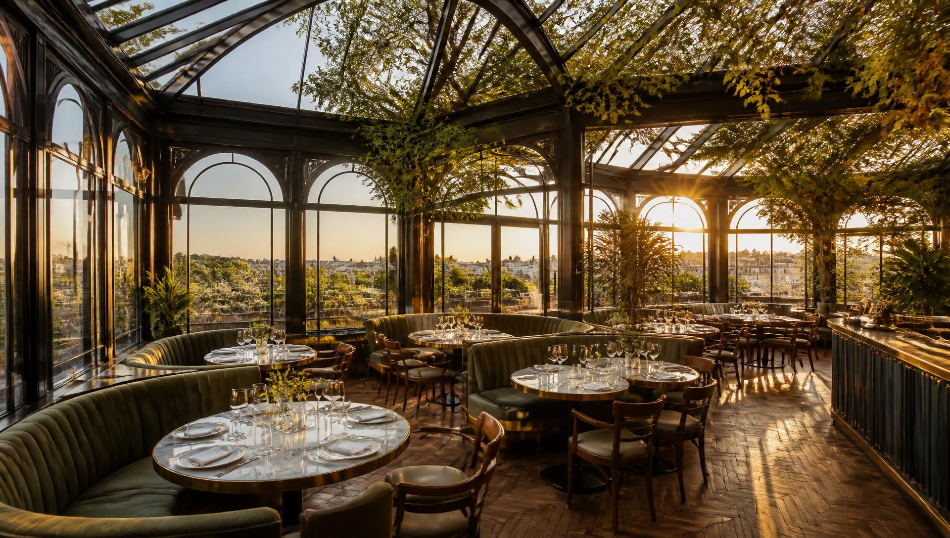 Glasshouse rooftop at golden hour