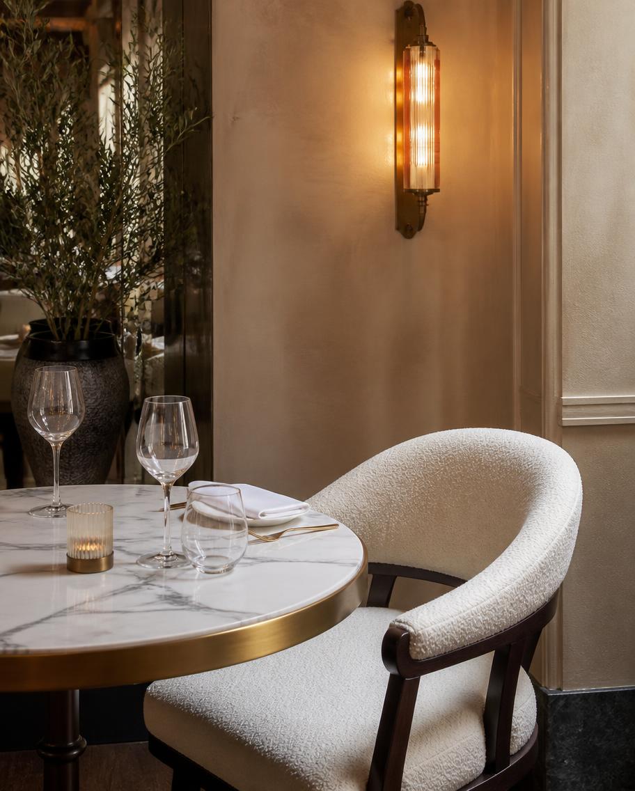 Marble table and boucle chair detail